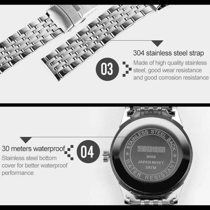 SKMEI Waterproof Steel Quartz Wrist Watch for Everyday Outdoor Use — stainless steel strap, 30 meters waterproof case back, date display, quartz movement