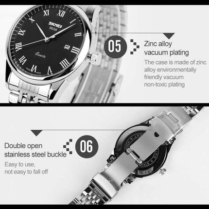 SKMEI Waterproof Steel Quartz Wrist Watch for Everyday Outdoor Use showing black dial, steel bracelet, zinc alloy vacuum plating and double open stainless steel buckle