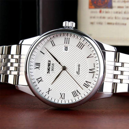 SKMEI Waterproof Steel Quartz Wrist Watch for Everyday Outdoor Use - silver stainless steel analog watch with Roman numerals and date window