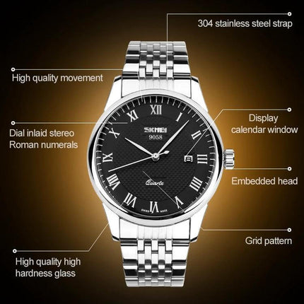 SKMEI Waterproof Steel Quartz Wrist Watch for Everyday Outdoor Use - stainless steel men's dress watch with roman numerals and date window