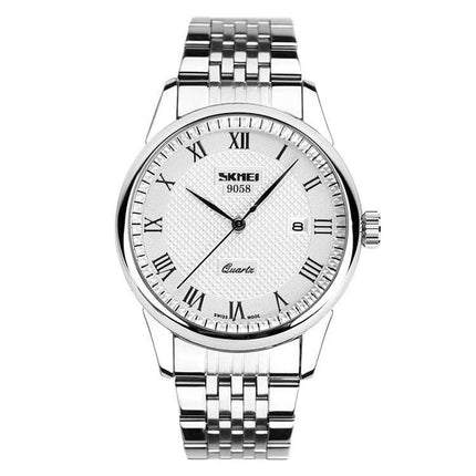 SKMEI Waterproof Steel Quartz Wrist Watch for Everyday Outdoor Use - silver stainless steel men's quartz watch with date and roman numerals