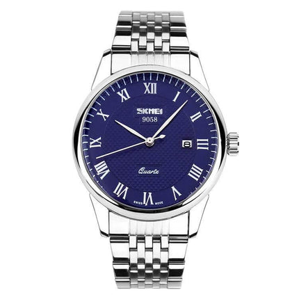 SKMEI Waterproof Steel Quartz Wrist Watch for Everyday Outdoor Use - silver steel bracelet watch with blue dial, date window, quartz movement, 30m water resistant