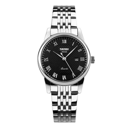 SKMEI Waterproof Steel Quartz Wrist Watch for Everyday Outdoor Use - stainless steel black dial, date window, 30m water resistant quartz timepiece