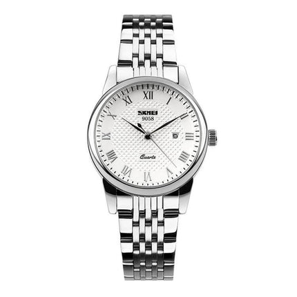 SKMEI Waterproof Steel Quartz Wrist Watch for Everyday Outdoor Use - silver stainless steel bracelet watch with white dial and date window