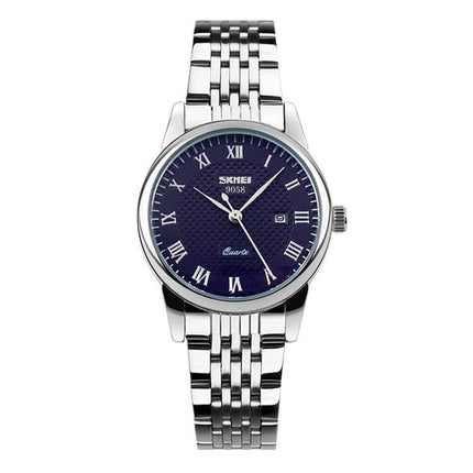 SKMEI Waterproof Steel Quartz Wrist Watch for Everyday Outdoor Use showing stainless steel band, blue dial, date window and quartz movement
