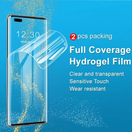 IMAK Hydrogel Film Full Coverage Screen Protector on curved smartphone showing edge-to-edge clear, sensitive touch, wear-resistant film
