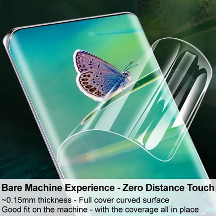 IMAK Hydrogel Film Full Coverage Screen Protector showing clear full-coverage hydrogel film applied to curved smartphone screen with butterfly image
