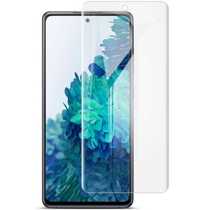 IMAK Hydrogel Film Full Coverage Screen Protector displayed on smartphone showing edge-to-edge clear film with precise alignment