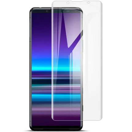 IMAK Hydrogel Film Full Coverage Screen Protector shown on smartphone with edge-to-edge clear coverage and precise alignment