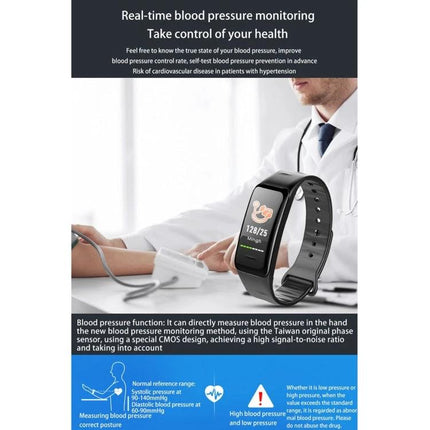 Smart Watch for Daily Health Monitoring and Activity Tracking showing blood pressure and heart rate monitoring on wrist with doctor in background