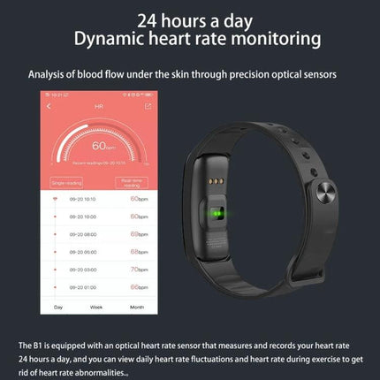 Smart Watch for Daily Health Monitoring and Activity Tracking - black fitness smartwatch showing 24-hour dynamic heart rate monitoring and app data