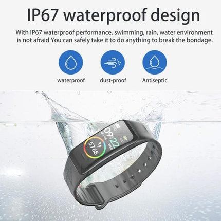 Smart Watch for Daily Health Monitoring and Activity Tracking showing black waterproof fitness band with heart rate, steps display and IP67 waterproof icons