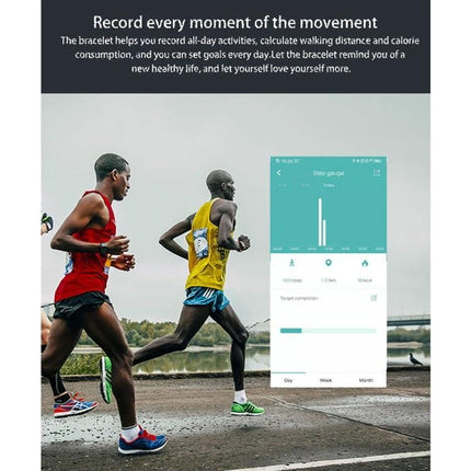 Smart Watch for Daily Health Monitoring and Activity Tracking showing runners and app step tracking overlay