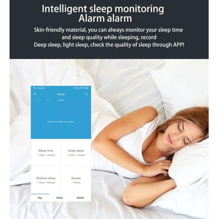 Smart Watch for Daily Health Monitoring and Activity Tracking — sleep monitoring screen and woman sleeping in bed