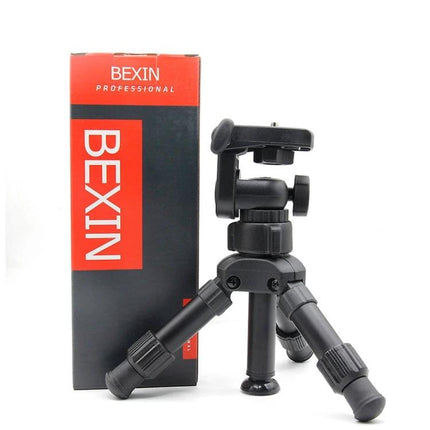BEXIN Small Lightweight Tabletop Tripod for Cameras and Phones compact aluminum tabletop tripod with ball head and phone mount next to BEXIN box