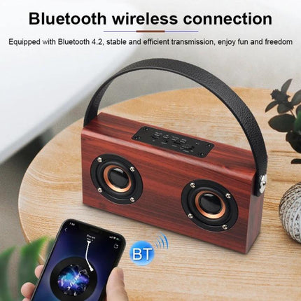 Daily Companion Wooden Bluetooth Speaker For Home And Travel compact wooden Bluetooth speaker with handle on table