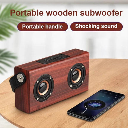 Daily Companion Wooden Bluetooth Speaker For Home And Travel shown as compact wooden Bluetooth speaker with portable handle and phone