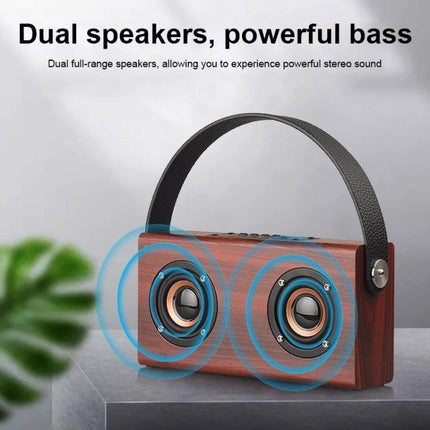 Daily Companion Wooden Bluetooth Speaker For Home And Travel compact wooden dual-speaker portable Bluetooth speaker with leather handle