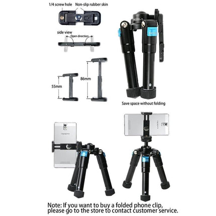BEXIN Compact Mini Tripod for Digital Cameras and Smartphones shown folded and extended with phone mount and measurements