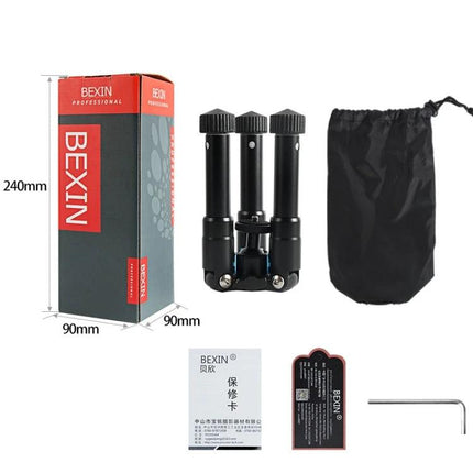 BEXIN Compact Mini Tripod for Digital Cameras and Smartphones shown collapsed with packaging, carry pouch, warranty card and hex key