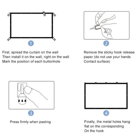 Portable Folding Projector Screen for Movie Viewing - step-by-step wall mounting and sticky hook installation diagram