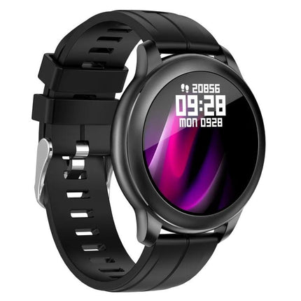 Smart Watch for Daily Health Tracking and Activity Monitoring – black round touchscreen fitness watch showing steps, time and date