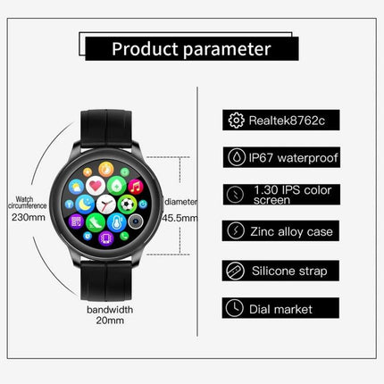 Smart Watch for Daily Health Tracking and Activity Monitoring — round touchscreen watch showing app icons, 1.30 IPS color screen, IP67 waterproof, silicone strap
