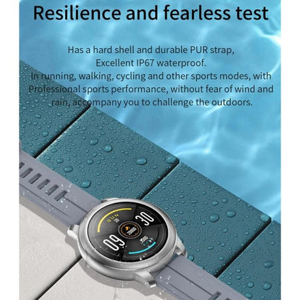 Smart Watch for Daily Health Tracking and Activity Monitoring on a waterproof gray strap beside pool showing fitness metrics and rugged design