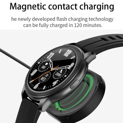 Smart Watch for Daily Health Tracking and Activity Monitoring showing magnetic contact charging on a black smartwatch with charging dock