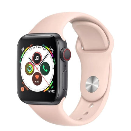 Daily Smart Watch with Silicone Strap for Everyday Health Tracking showing 1.4-inch TFT screen, pink silicone band, activity rings and notification icons