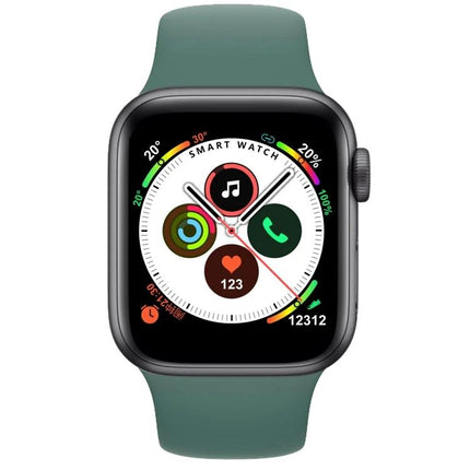 Daily Smart Watch with Silicone Strap for Everyday Health Tracking showing 1.4-inch TFT screen, green silicone band, activity rings, heart rate and notifications