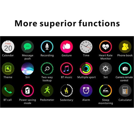 Daily Smart Watch with Silicone Strap for Everyday Health Tracking showing 1.4-inch TFT screen app icons: heart rate, pedometer, sleep monitoring, notifications, BT music