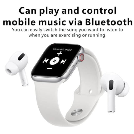 Daily Smart Watch with Silicone Strap for Everyday Health Tracking showing 1.4-inch TFT screen, music controls and Bluetooth earbuds
