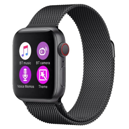 Essential Daily Companion Watch for Health Awareness black mesh band smartwatch showing apps for music, camera, voice memos and notifications