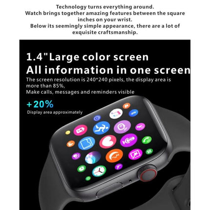Essential Daily Companion Watch for Health Awareness showing 1.4" large color screen with app icons for steps sleep and notifications