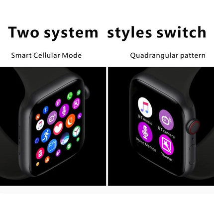 Essential Daily Companion Watch for Health Awareness showing two interface styles—smart cellular mode app grid and quadrangular pattern app layout on black smartwatch