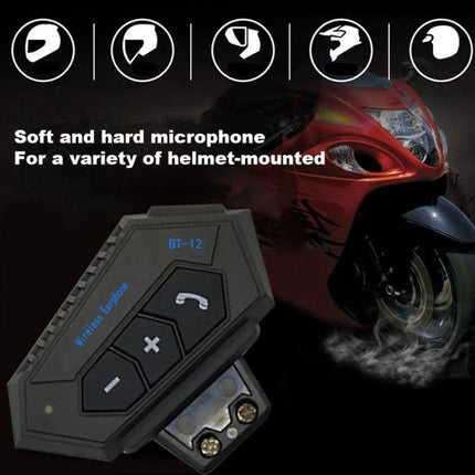 Motorcycle Helmet Bluetooth Headset With Intercom For Riding mounted on full-face helmet showing BT-12 unit and motorcycle background