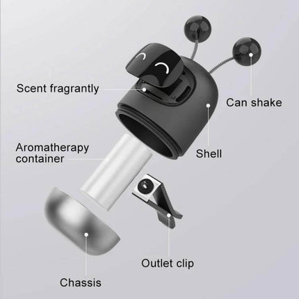 Cartoon Robot Car Air Outlet Aromatherapy Diffuser With Soft Clip - exploded view showing shell, aromatherapy container, outlet clip and chassis