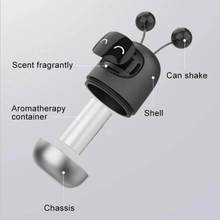 Cartoon Robot Car Aromatherapy Paste for Car Interiors showing exploded parts diagram with shell, chassis, aromatherapy container and scent labels