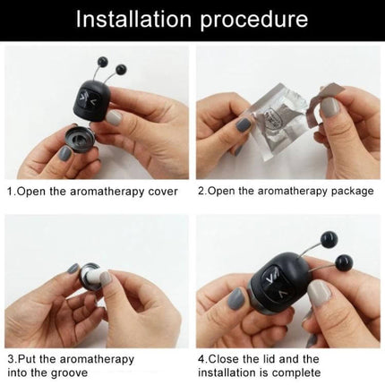Cartoon Robot Car Aromatherapy Paste for Car Interiors installation steps showing opening, inserting paste, and closing for car use