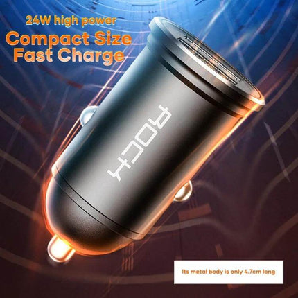 Rock Compact Dual USB Car Charger For In Car Use On The Go - compact metal dual USB fast charger for phones and tablets, 24W high power