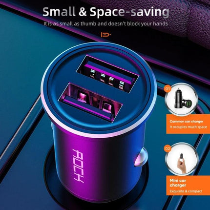 Rock Compact Dual USB Car Charger For In Car Use On The Go - compact dual USB ports for phones, tablets, GPS, fast intelligent charging