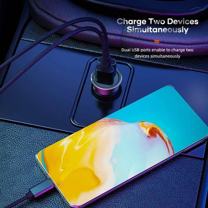 Rock Compact Dual USB Car Charger For In Car Use On The Go - compact dual USB car charger powering two devices in a vehicle