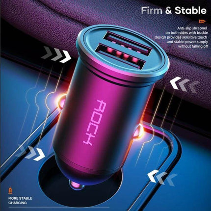 Rock Compact Dual USB Car Charger For In Car Use On The Go in metallic purple showing dual USB ports and compact design plugged into a car cup holder