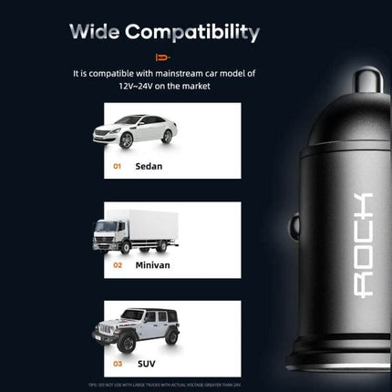 Rock Compact Dual USB Car Charger For In Car Use On The Go shown with sedan, minivan, and SUV compatibility and dual USB ports