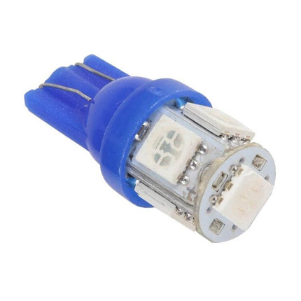 Blue LED Turn Signal Lights for Car and Motorcycle close-up of blue T10 LED bulb showing multiple LEDs and metal contacts
