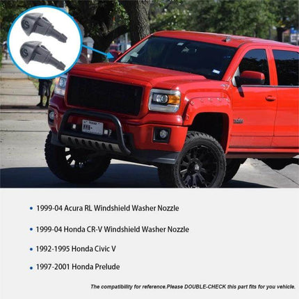 Honda Windshield Washer Nozzles Replacement Pair Set showing ABS nozzles and red truck, OE reference 76810S10A024 for Honda models