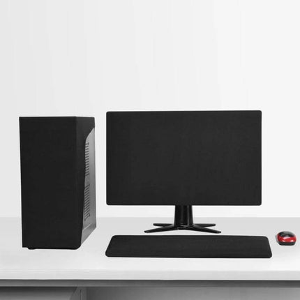 Computer Monitor Dust Cover Fits 19 To 31.5 Inch Monitors shown on desktop protecting monitor, tower and keyboard rest, washable non-woven fabric
