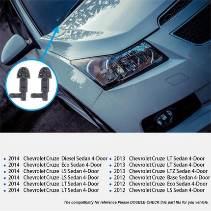 Two Front Windshield Washer Nozzles For Chevrolet Cruze replacement pair shown installed on front fender and close-up nozzles