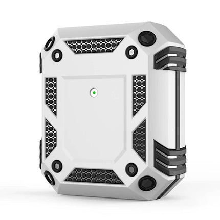 Durable AirPods Protective Cover for Everyday Travel and Use white rugged shockproof case shown upright with textured grip and LED indicator